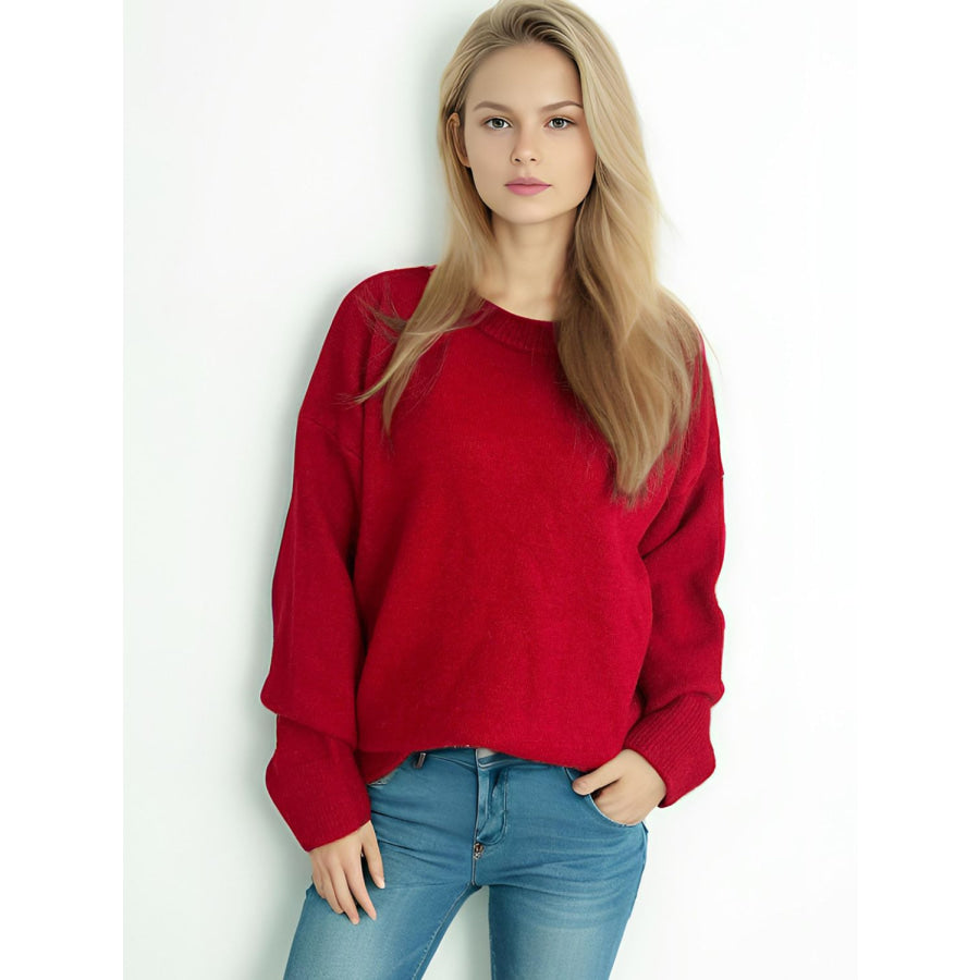 Round Neck Dropped Shoulder Long Sleeve Sweater Burgundy / One Size Apparel and Accessories