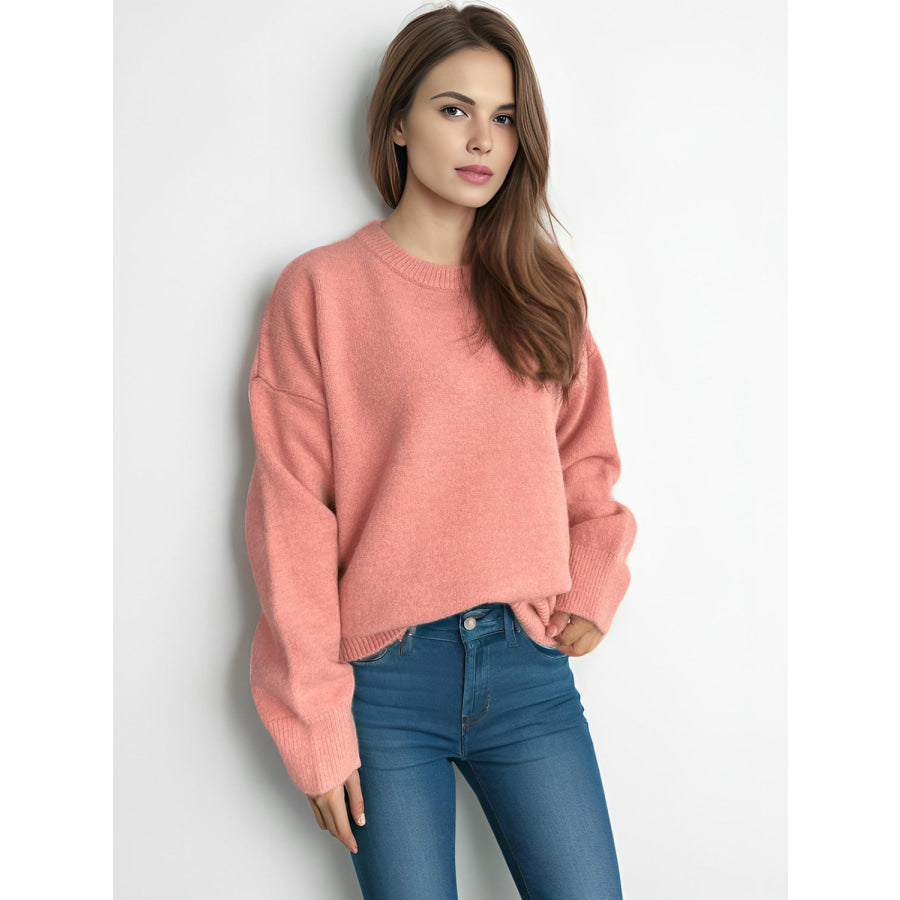 Round Neck Dropped Shoulder Long Sleeve Sweater Burnt Coral / One Size Apparel and Accessories