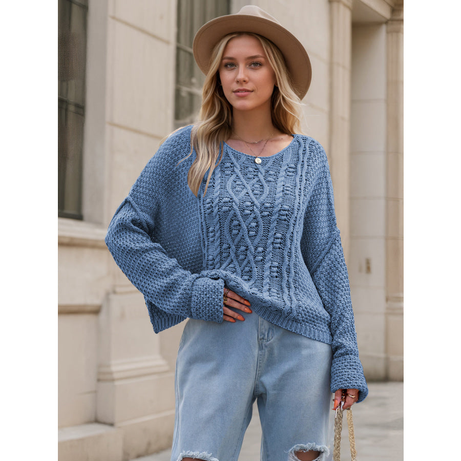 Round Neck Dropped Shoulder Long Sleeve Sweater Dusty Blue / S Apparel and Accessories