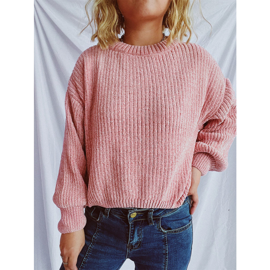 Round Neck Dropped Shoulder Long Sleeve Sweater Dusty Pink / One Size Apparel and Accessories