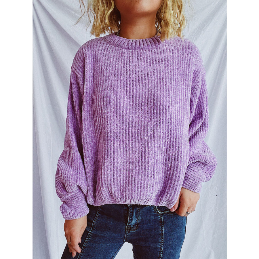 Round Neck Dropped Shoulder Long Sleeve Sweater Lavender / One Size Apparel and Accessories