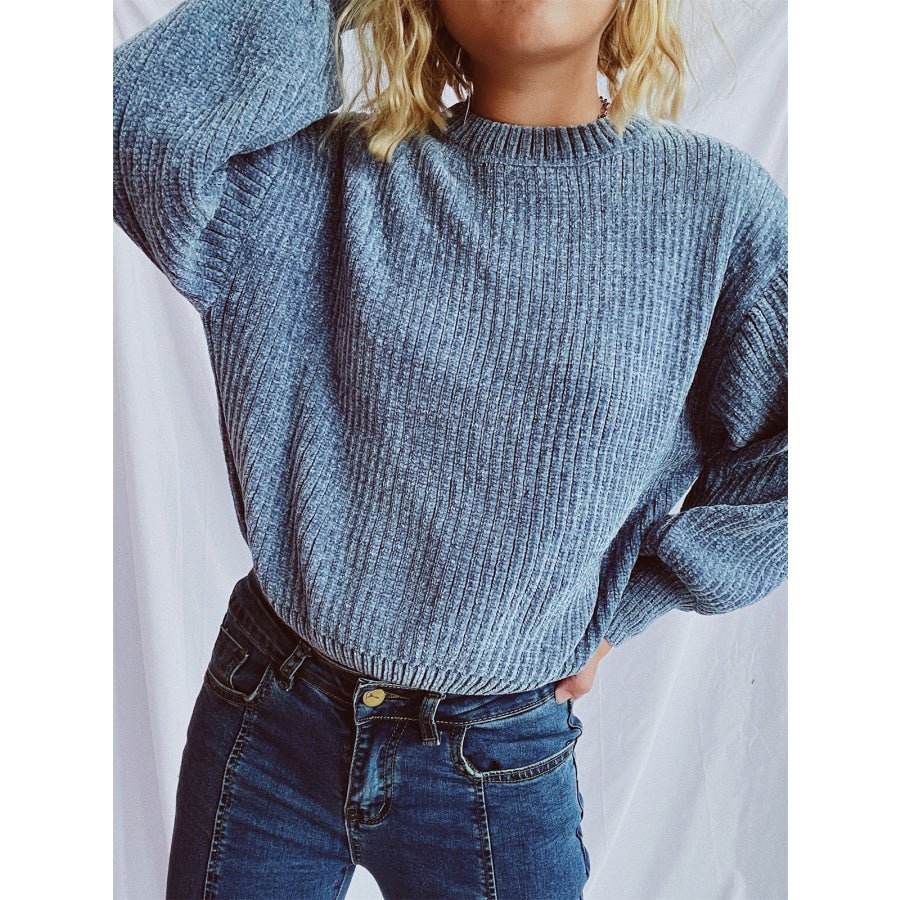 Round Neck Dropped Shoulder Long Sleeve Sweater Light Blue / One Size Apparel and Accessories