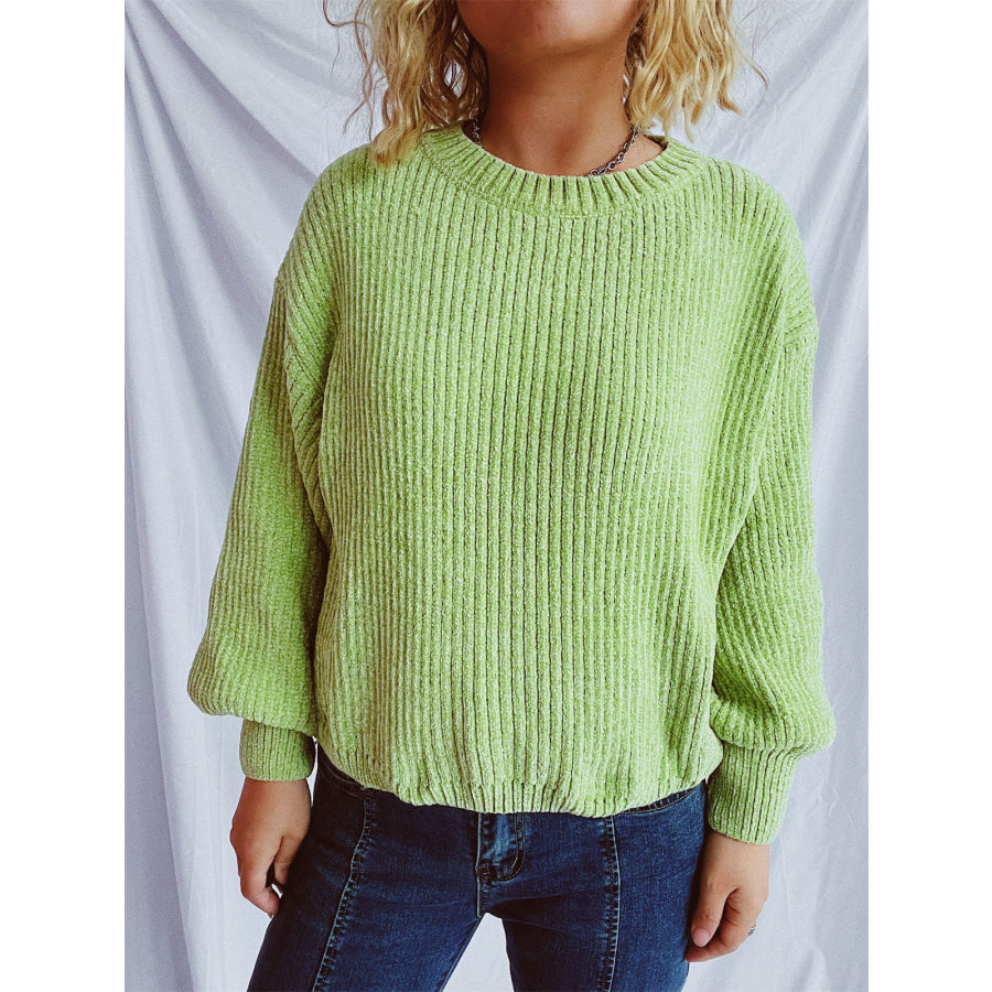 Round Neck Dropped Shoulder Long Sleeve Sweater Lime / One Size Apparel and Accessories