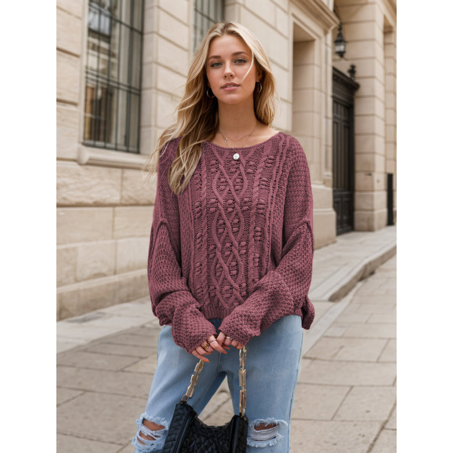 Round Neck Dropped Shoulder Long Sleeve Sweater Mauve / S Apparel and Accessories