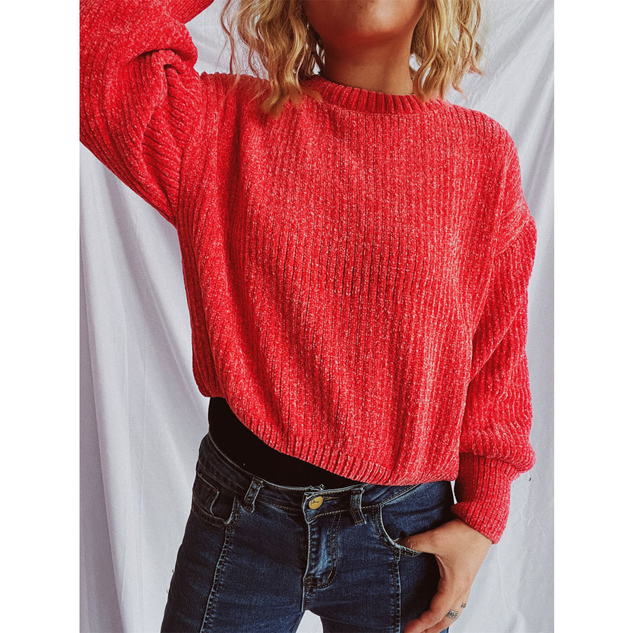 Round Neck Dropped Shoulder Long Sleeve Sweater Orange / One Size Apparel and Accessories