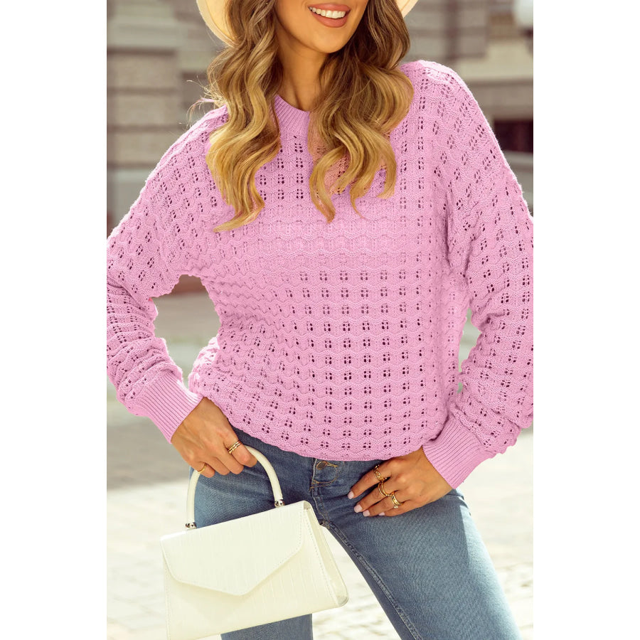 Round Neck Dropped Shoulder Long Sleeve Sweater Pink / S Apparel and Accessories