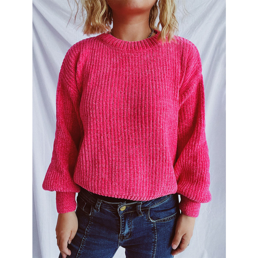 Round Neck Dropped Shoulder Long Sleeve Sweater Strawberry / One Size Apparel and Accessories