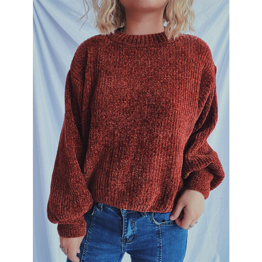 Round Neck Dropped Shoulder Long Sleeve Sweater Terracotta / One Size Apparel and Accessories