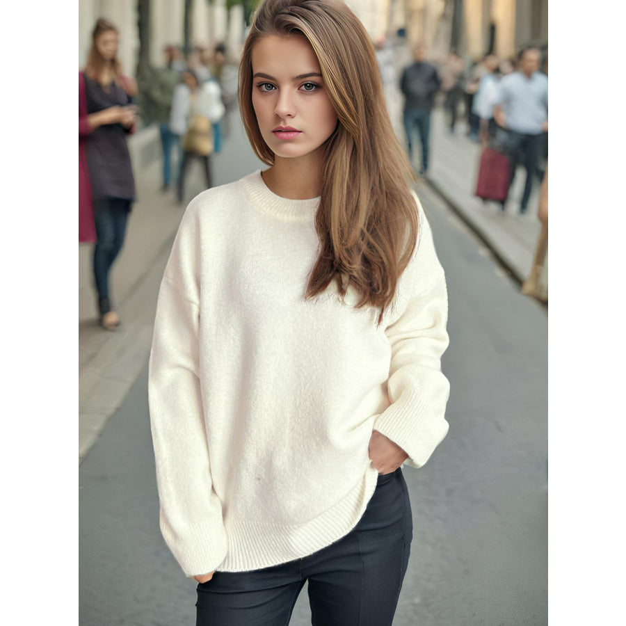 Round Neck Dropped Shoulder Long Sleeve Sweater White / One Size Apparel and Accessories