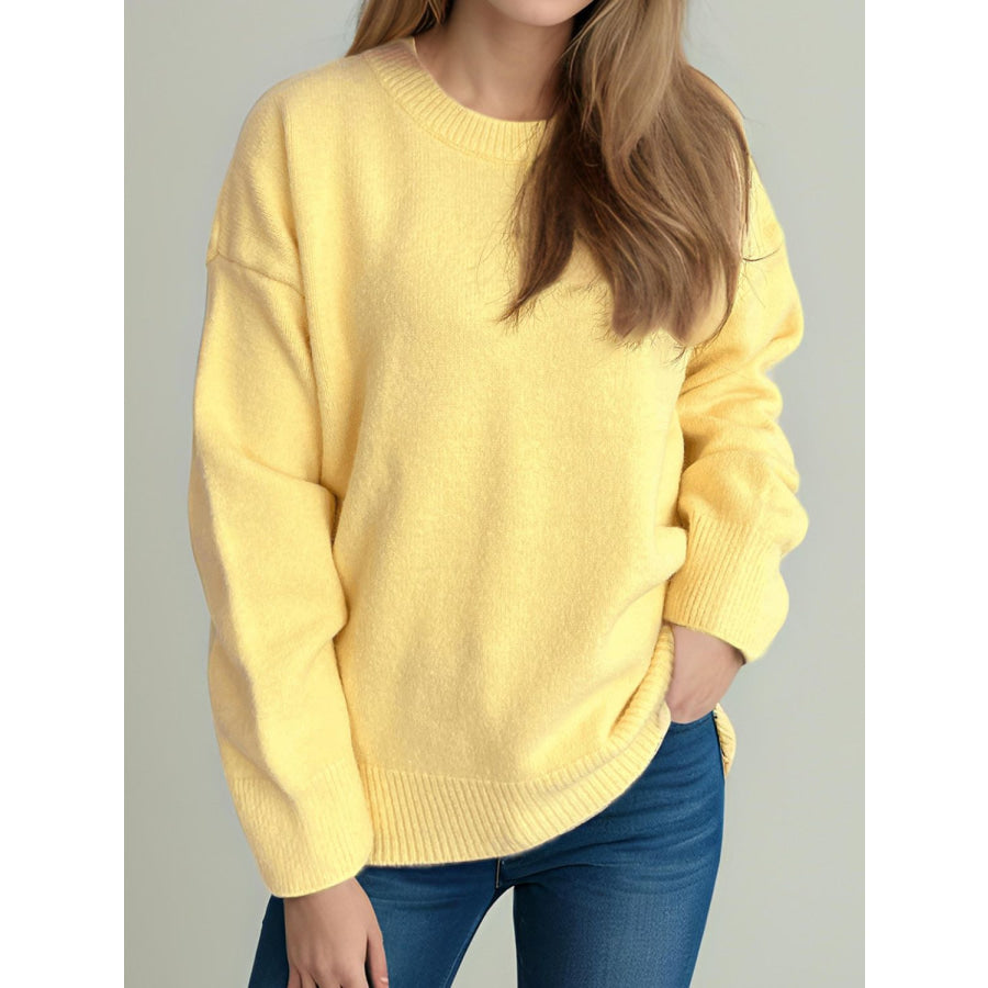 Round Neck Dropped Shoulder Long Sleeve Sweater Yellow / One Size Apparel and Accessories