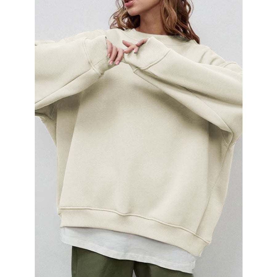 Round Neck Dropped Shoulder Long Sleeve Sweatshirt Apparel and Accessories