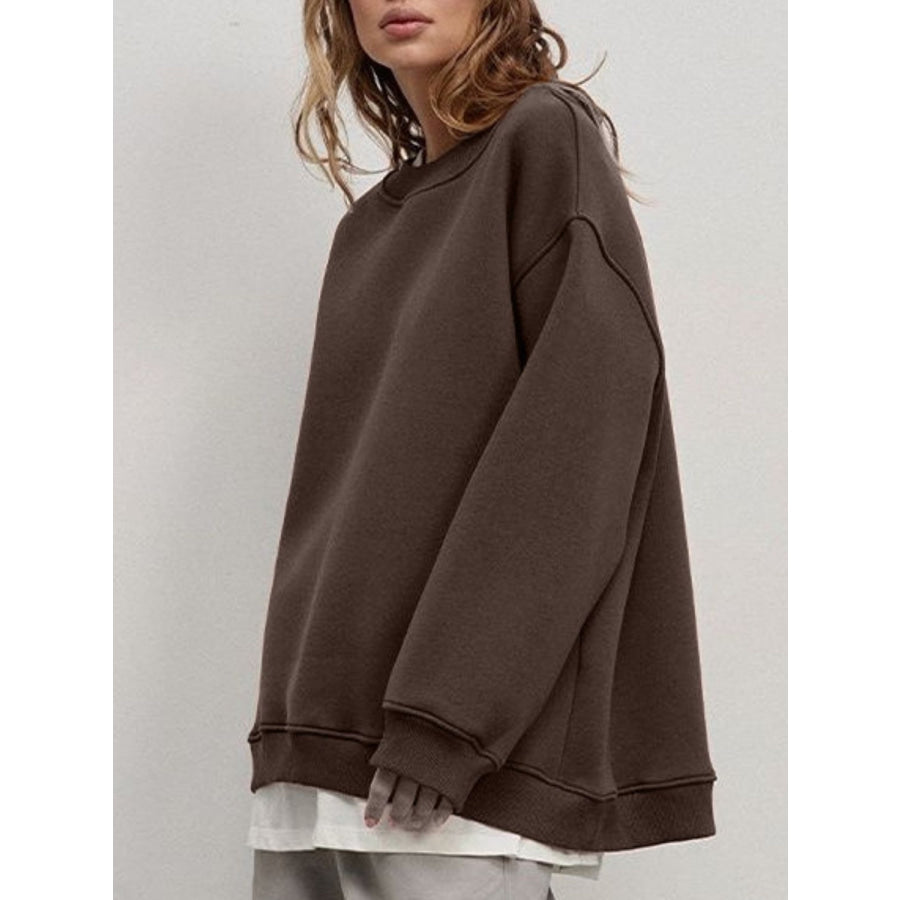 Round Neck Dropped Shoulder Long Sleeve Sweatshirt Apparel and Accessories