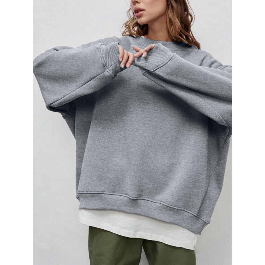 Round Neck Dropped Shoulder Long Sleeve Sweatshirt Apparel and Accessories