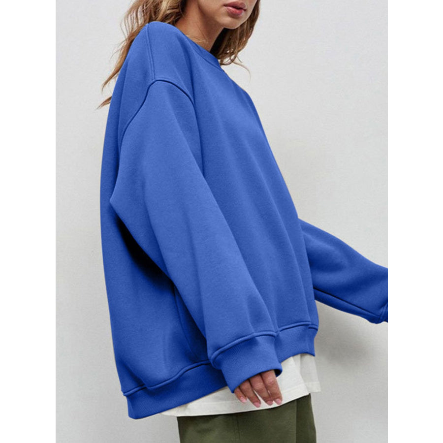 Round Neck Dropped Shoulder Long Sleeve Sweatshirt Apparel and Accessories