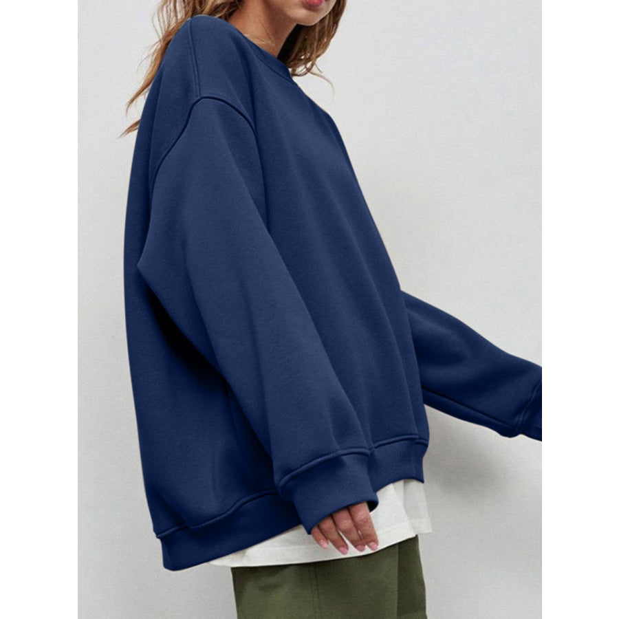 Round Neck Dropped Shoulder Long Sleeve Sweatshirt Apparel and Accessories