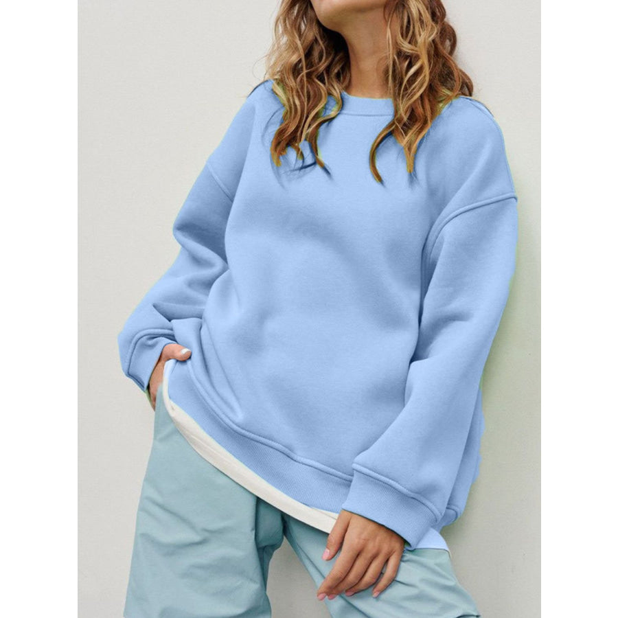 Round Neck Dropped Shoulder Long Sleeve Sweatshirt Apparel and Accessories