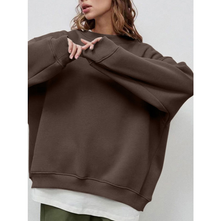 Round Neck Dropped Shoulder Long Sleeve Sweatshirt Apparel and Accessories