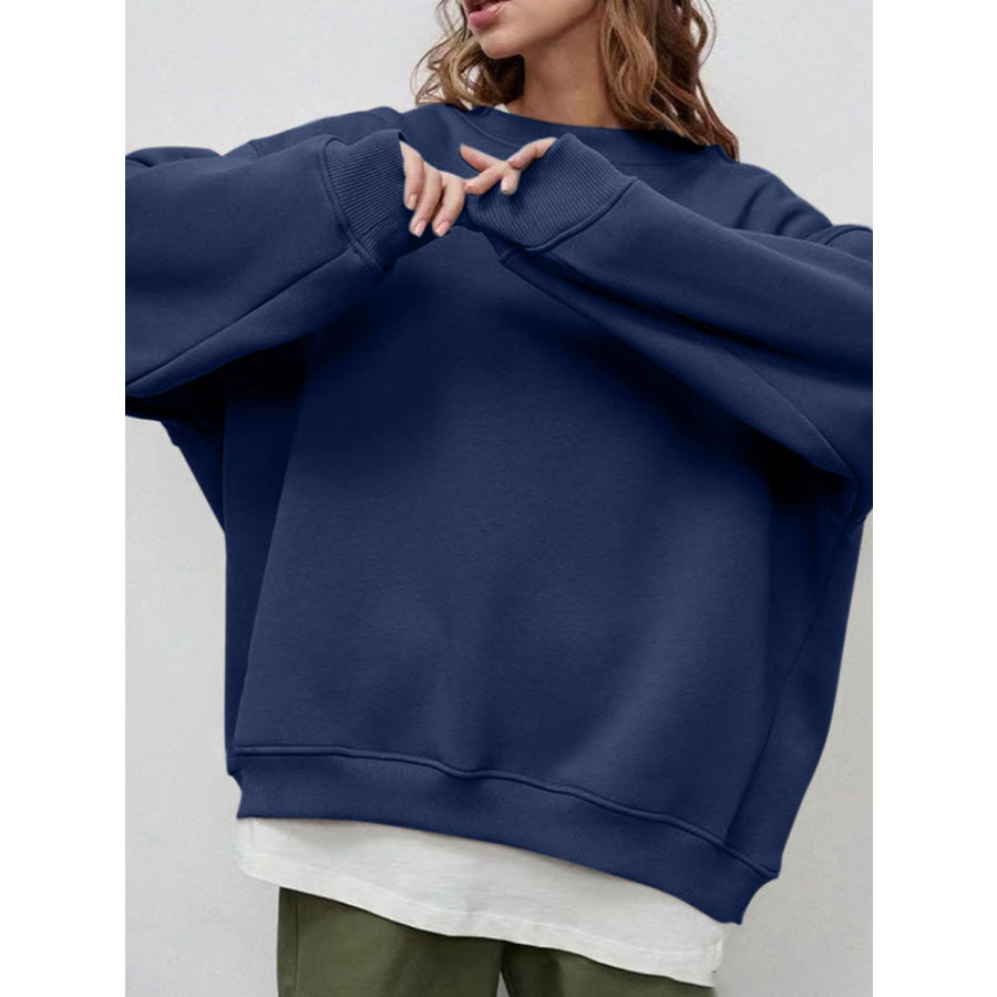 Round Neck Dropped Shoulder Long Sleeve Sweatshirt Apparel and Accessories