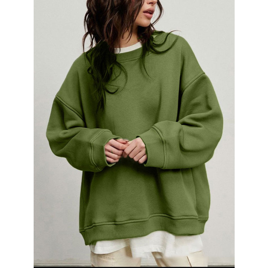 Round Neck Dropped Shoulder Long Sleeve Sweatshirt Apparel and Accessories