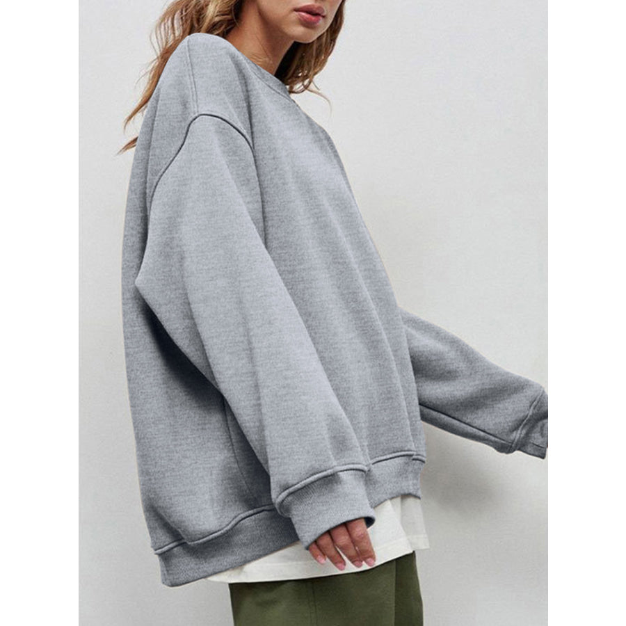 Round Neck Dropped Shoulder Long Sleeve Sweatshirt Apparel and Accessories