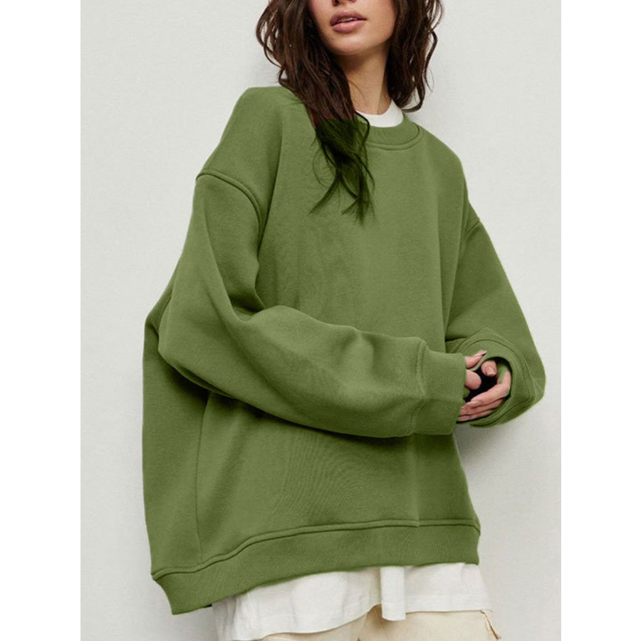 Round Neck Dropped Shoulder Long Sleeve Sweatshirt Apparel and Accessories