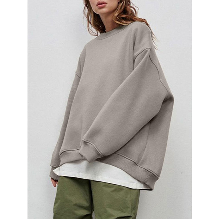 Round Neck Dropped Shoulder Long Sleeve Sweatshirt Apparel and Accessories