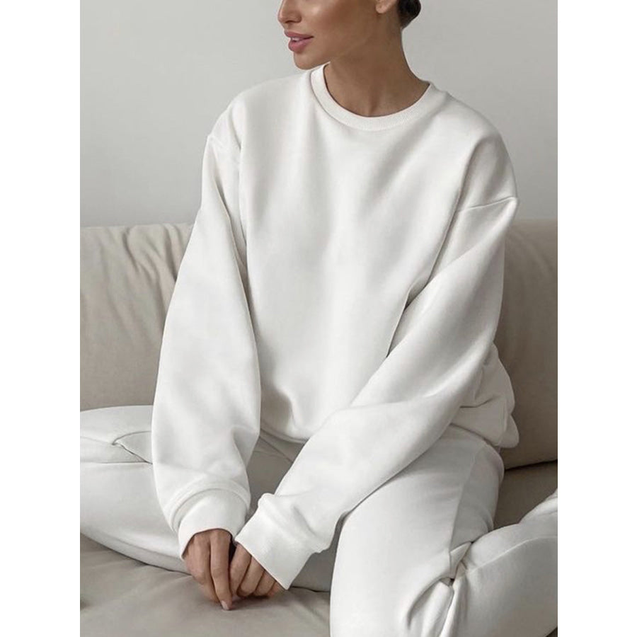 Round Neck Dropped Shoulder Long Sleeve Sweatshirt Apparel and Accessories