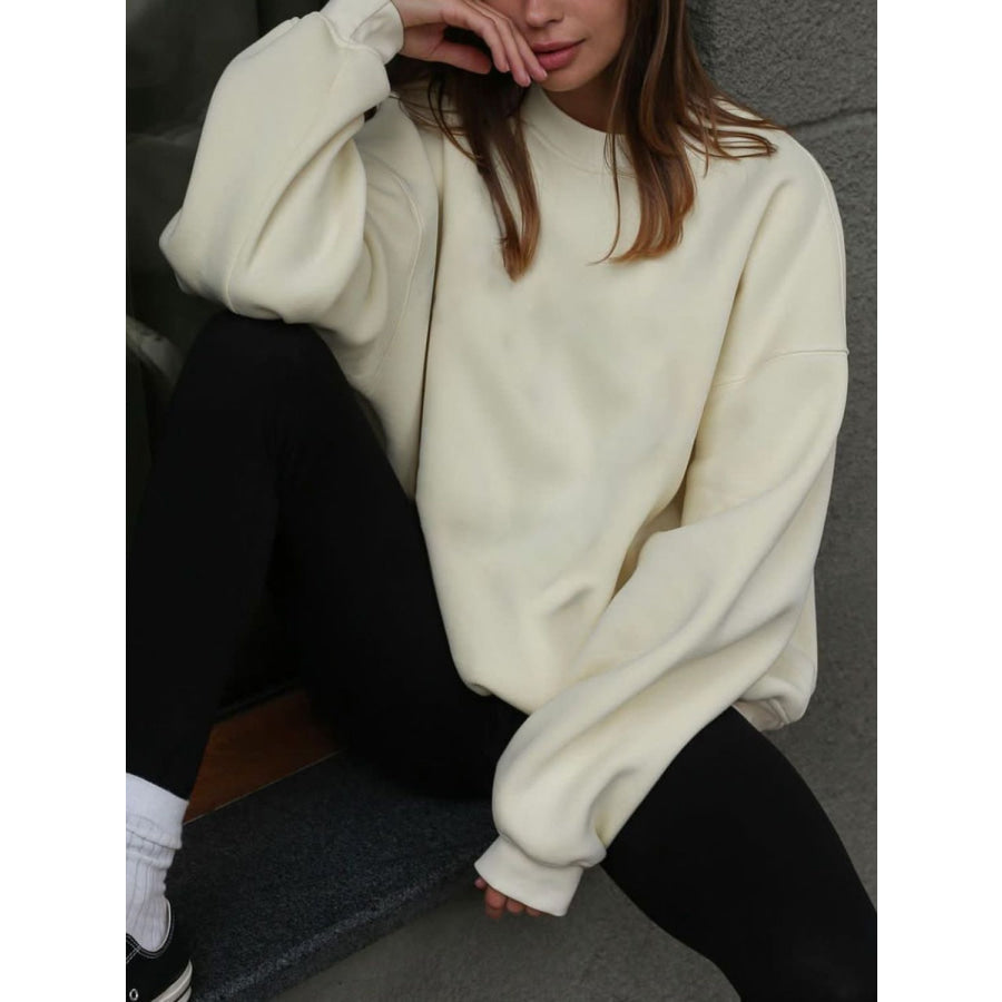 Round Neck Dropped Shoulder Long Sleeve Sweatshirt Beige / M Apparel and Accessories