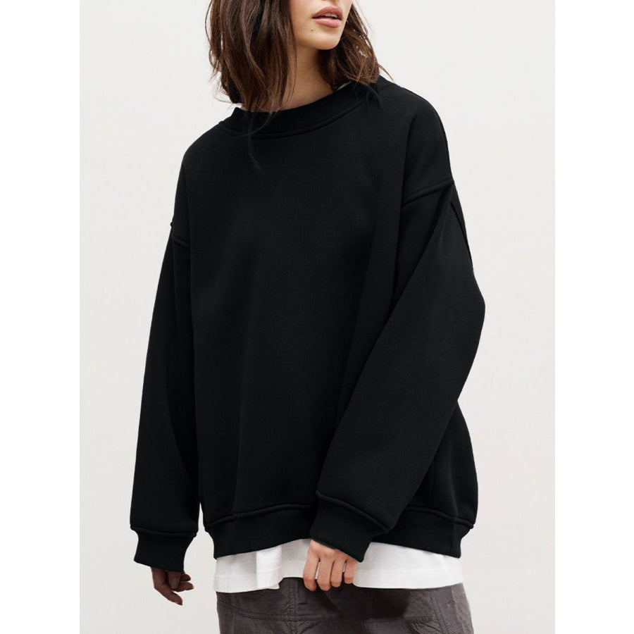 Round Neck Dropped Shoulder Long Sleeve Sweatshirt Black / M Apparel and Accessories