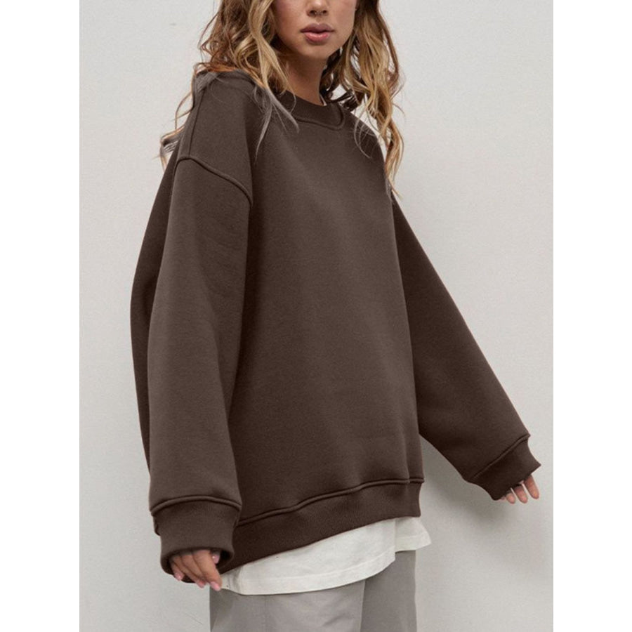 Round Neck Dropped Shoulder Long Sleeve Sweatshirt Coffee Brown / M Apparel and Accessories