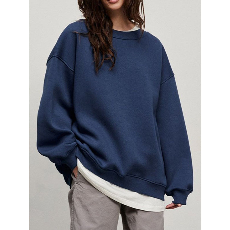 Round Neck Dropped Shoulder Long Sleeve Sweatshirt Dark Blue / M Apparel and Accessories