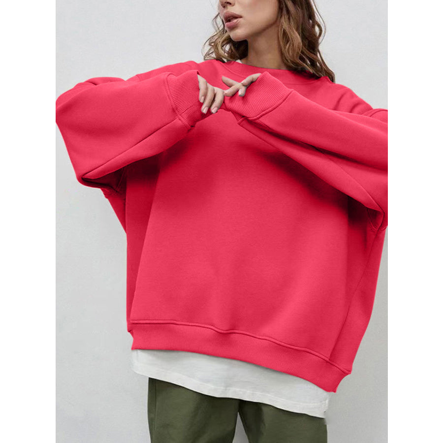 Round Neck Dropped Shoulder Long Sleeve Sweatshirt Hot Pink / M Apparel and Accessories