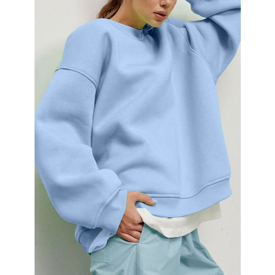 Round Neck Dropped Shoulder Long Sleeve Sweatshirt Light Blue / M Apparel and Accessories