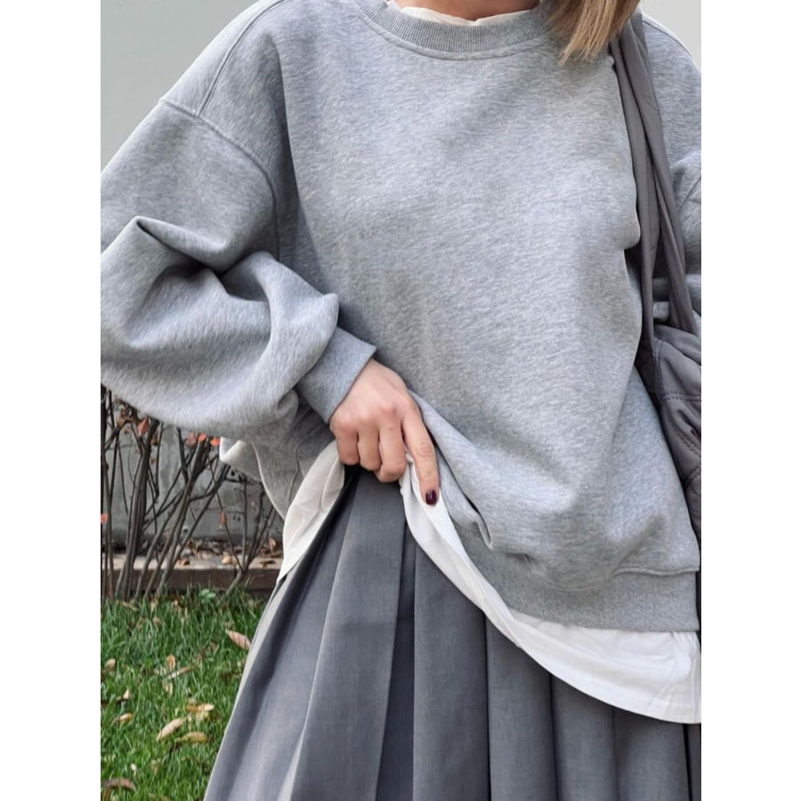 Round Neck Dropped Shoulder Long Sleeve Sweatshirt Light Gray / M Apparel and Accessories