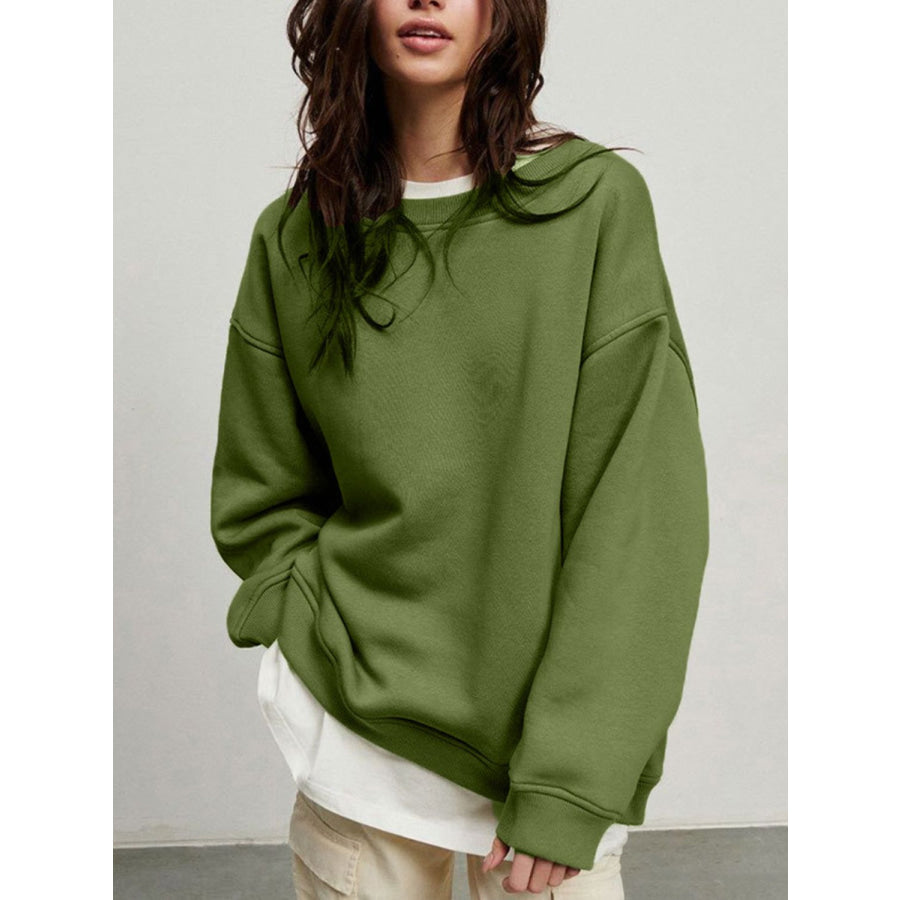 Round Neck Dropped Shoulder Long Sleeve Sweatshirt Matcha Green / M Apparel and Accessories