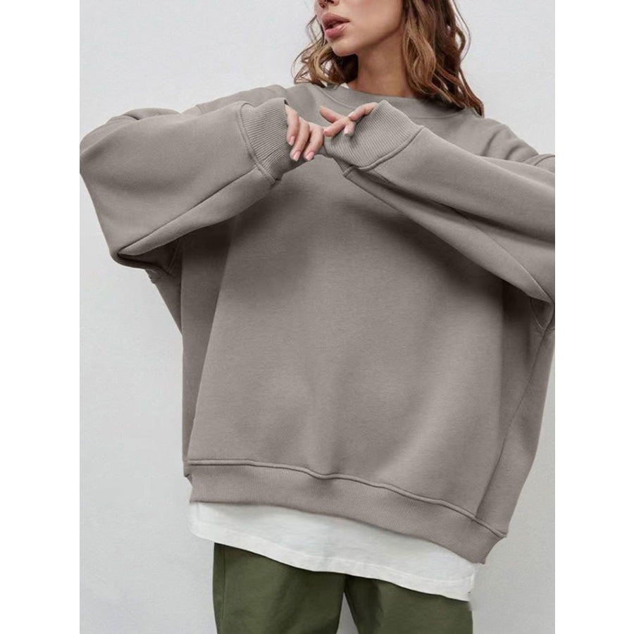 Round Neck Dropped Shoulder Long Sleeve Sweatshirt Mocha / M Apparel and Accessories