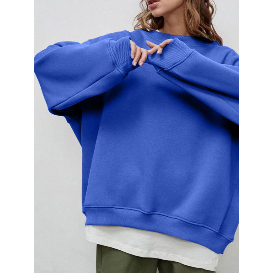 Round Neck Dropped Shoulder Long Sleeve Sweatshirt Royal Blue / M Apparel and Accessories