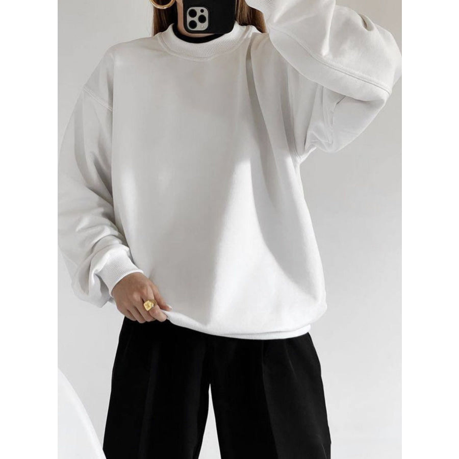 Round Neck Dropped Shoulder Long Sleeve Sweatshirt White / M Apparel and Accessories