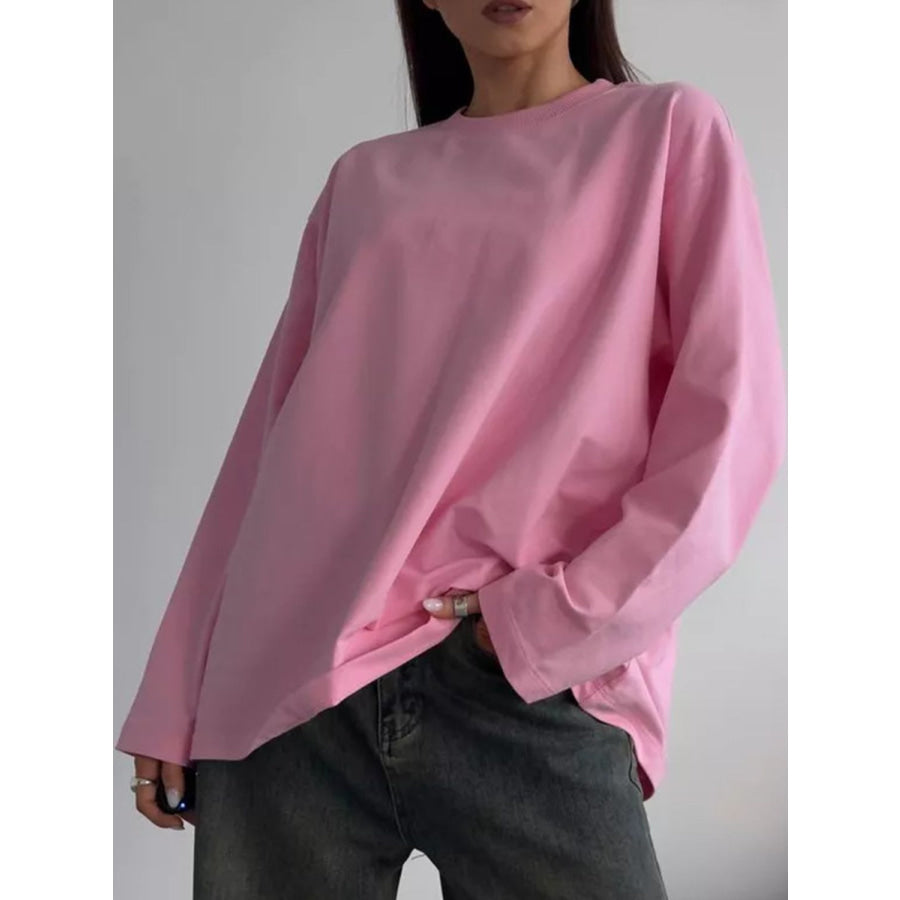 Round Neck Dropped Shoulder Long Sleeve T-Shirt Apparel and Accessories