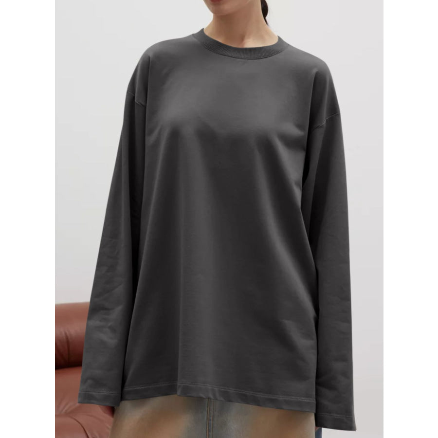 Round Neck Dropped Shoulder Long Sleeve T-Shirt Apparel and Accessories