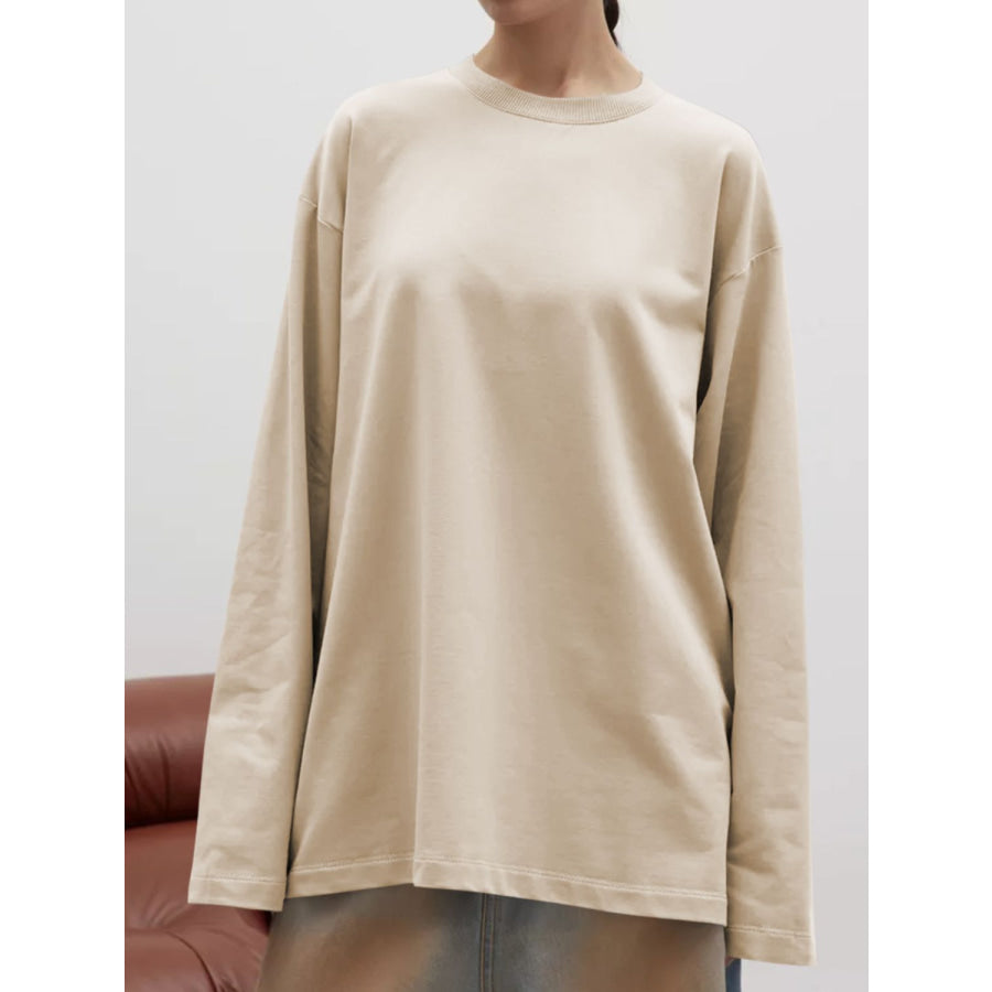 Round Neck Dropped Shoulder Long Sleeve T-Shirt Apparel and Accessories