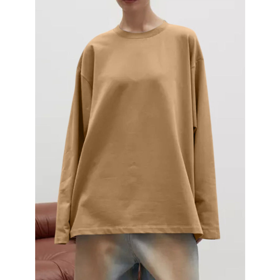 Round Neck Dropped Shoulder Long Sleeve T-Shirt Apparel and Accessories