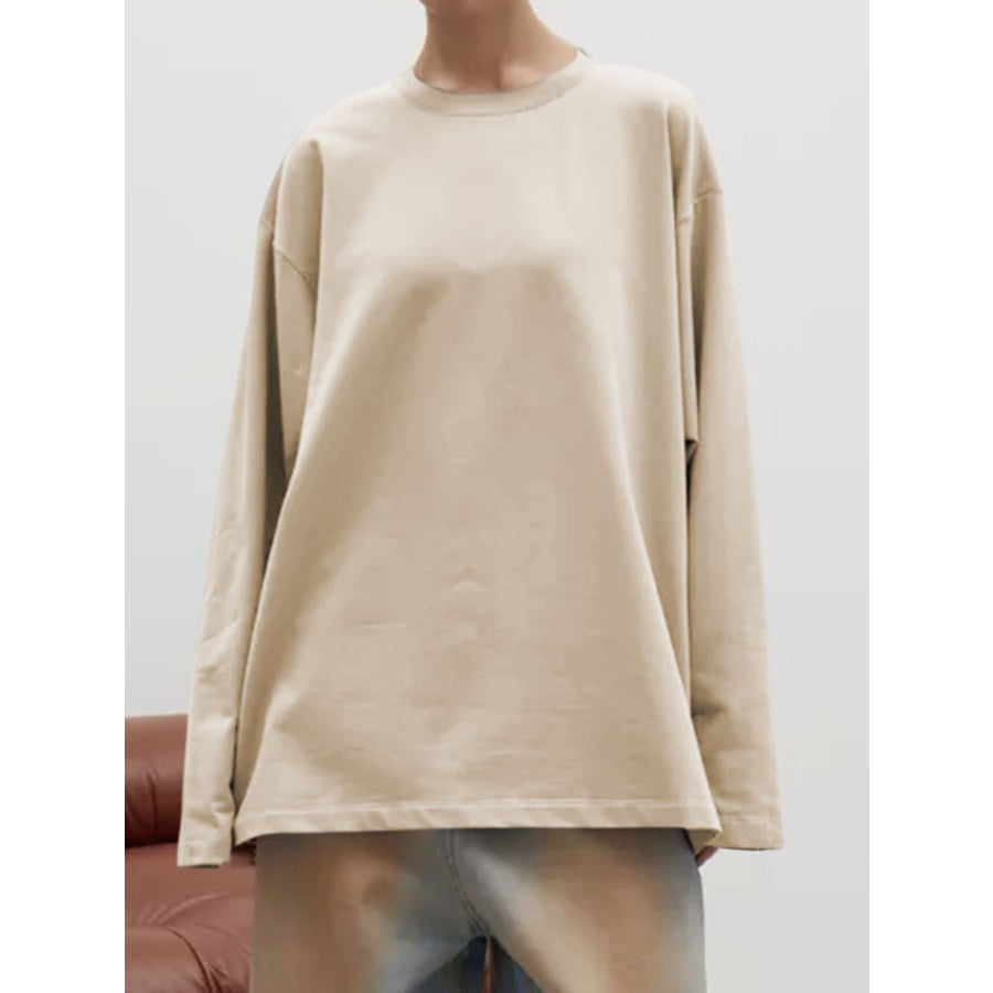 Round Neck Dropped Shoulder Long Sleeve T-Shirt Apparel and Accessories