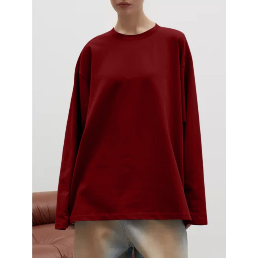 Round Neck Dropped Shoulder Long Sleeve T-Shirt Apparel and Accessories