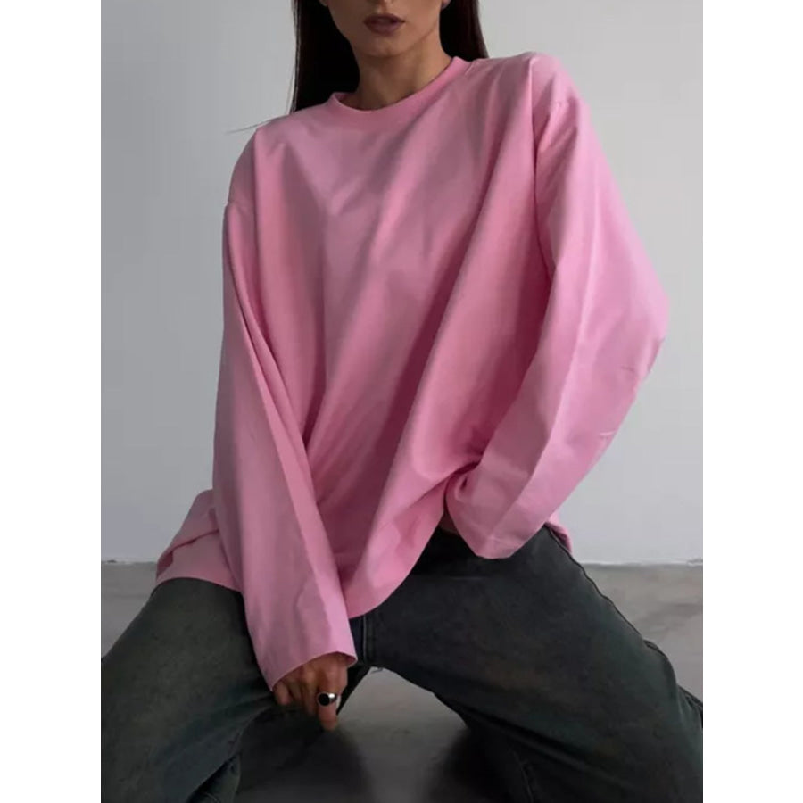 Round Neck Dropped Shoulder Long Sleeve T-Shirt Apparel and Accessories