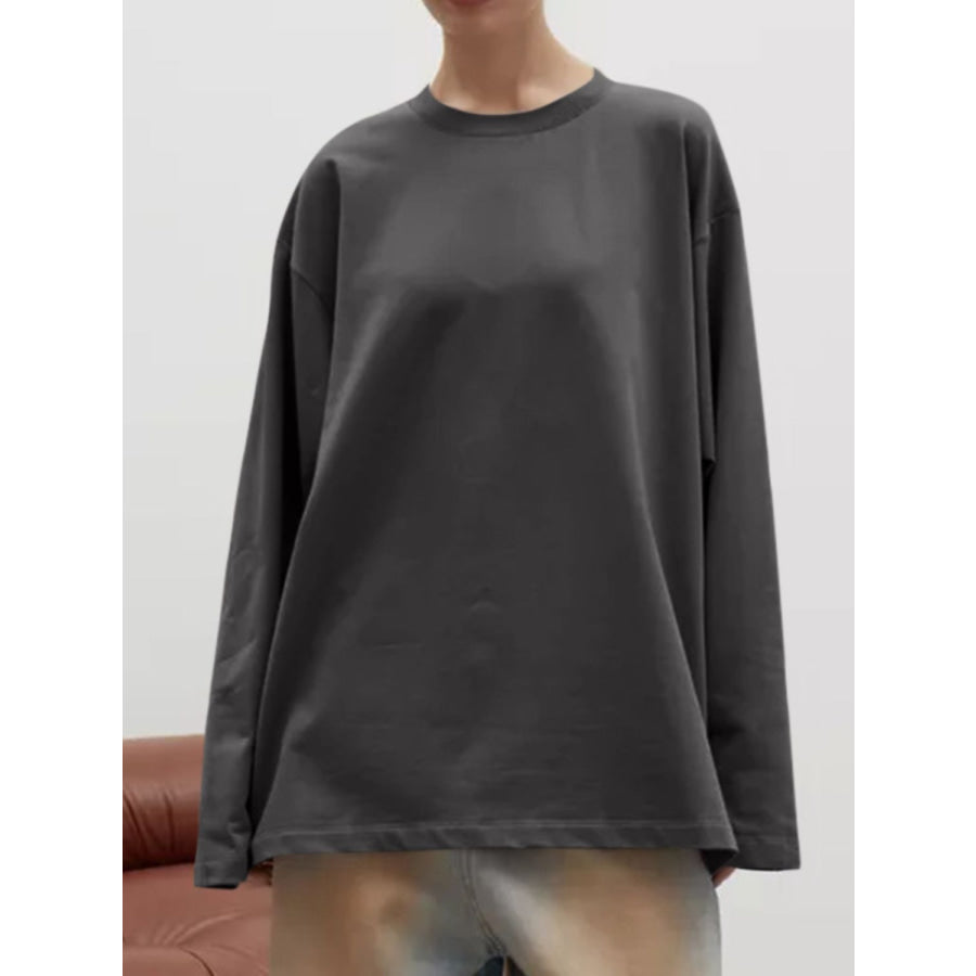 Round Neck Dropped Shoulder Long Sleeve T-Shirt Apparel and Accessories