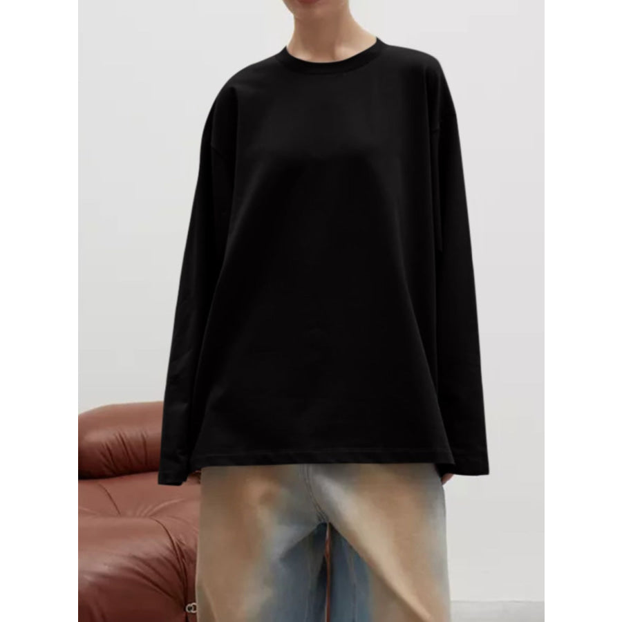 Round Neck Dropped Shoulder Long Sleeve T-Shirt Apparel and Accessories