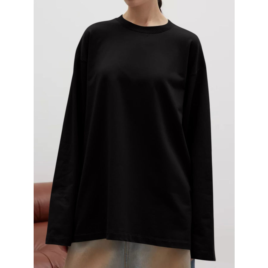 Round Neck Dropped Shoulder Long Sleeve T-Shirt Black / S Apparel and Accessories