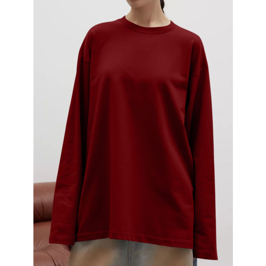 Round Neck Dropped Shoulder Long Sleeve T-Shirt Burgundy / S Apparel and Accessories