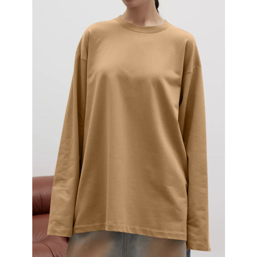 Round Neck Dropped Shoulder Long Sleeve T-Shirt Camel / S Apparel and Accessories